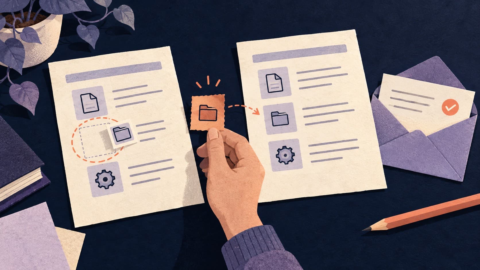 A coral paper patch connects a missing folder step on one documentation sheet to a corrected sequence beside an open review envelope.
