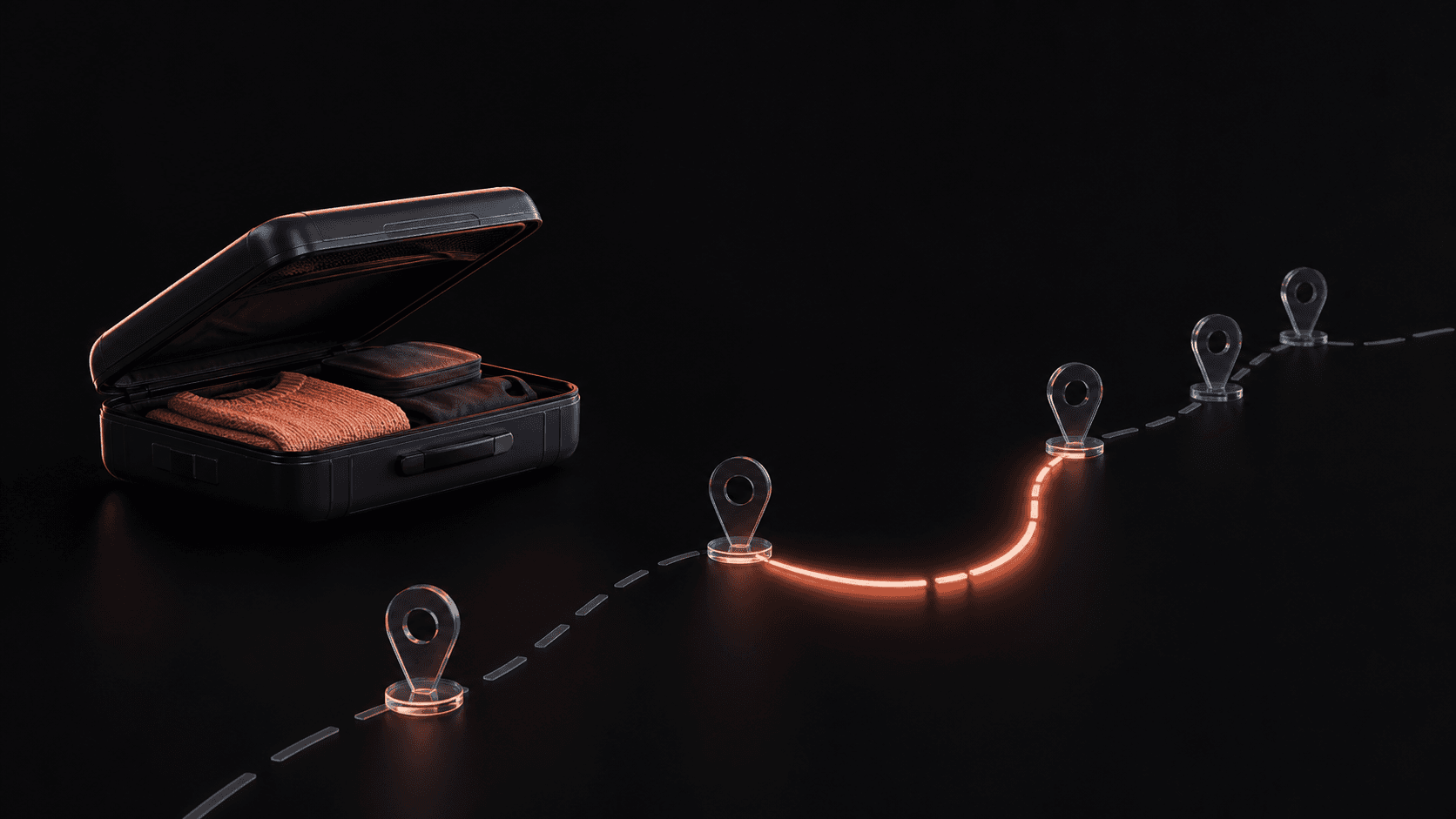 A half-open suitcase beside broken translucent checkpoints reconnecting into one coral-lit path on a dark surface.