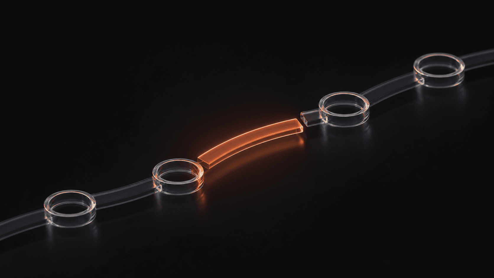 A broken line of translucent glass checkpoint rings reconnected by one coral bridge on a dark background, symbolizing getting back on track after missing a week.