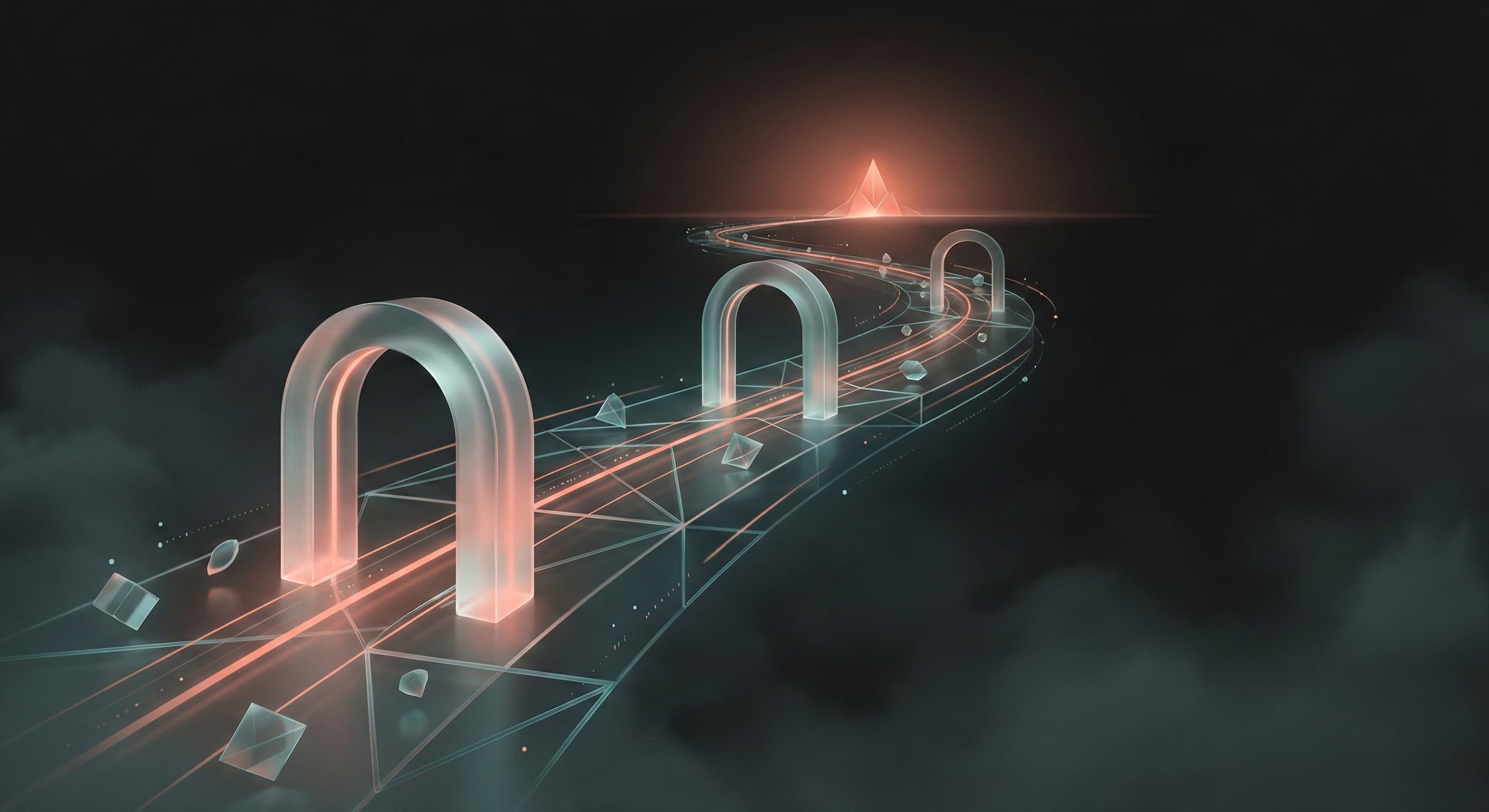 A 3D roadmap visualization showing a path leading through three major gates (Modules) towards a distant summit.