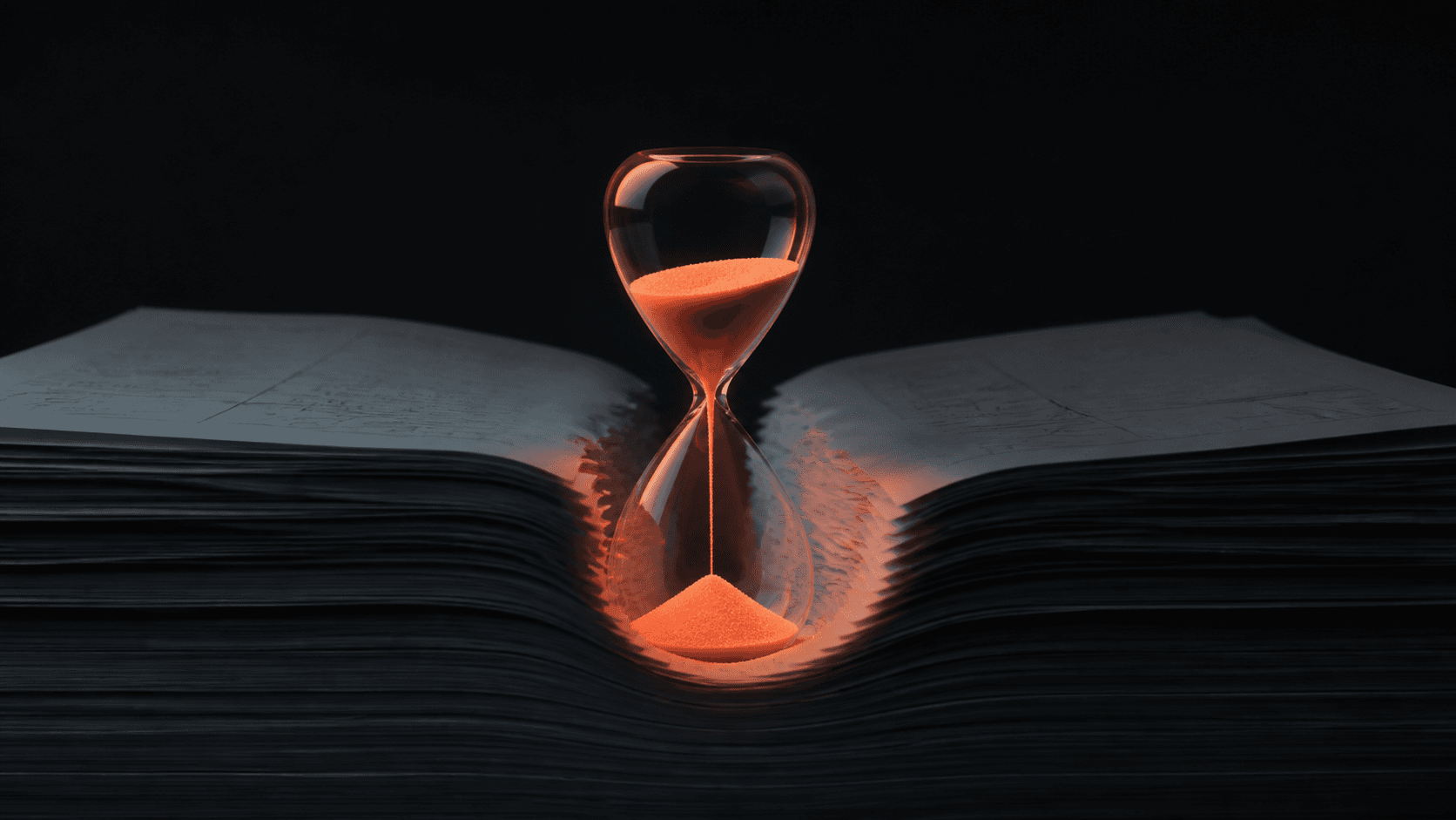 A coral glass sand timer presses a clear channel through a heavy stack of dark unfinished pages, showing progress with only 30 minutes a day.