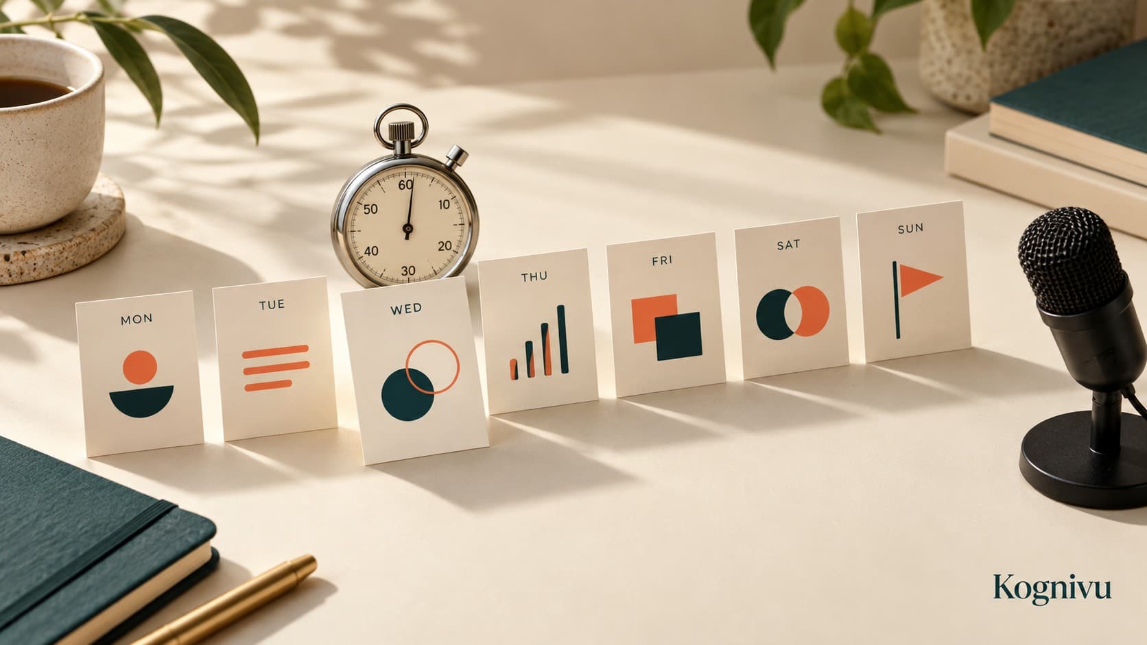 Seven rehearsal cards for Monday through Sunday beside a stopwatch and microphone on a cream desk, with coral and teal accents and the Kognivu wordmark.