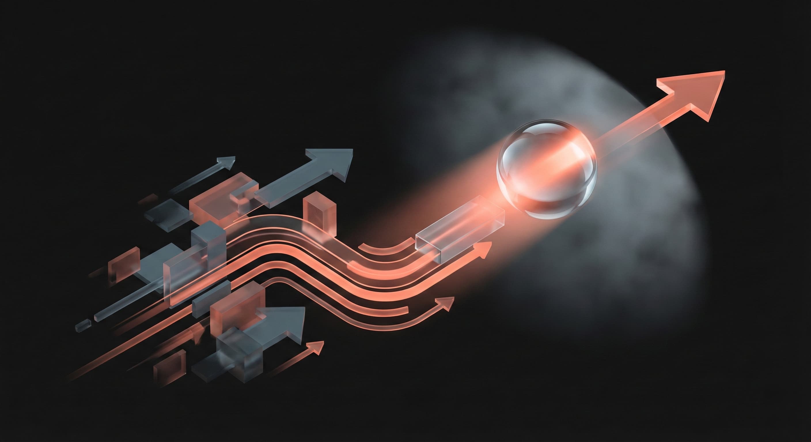 A dynamic 3D abstract scene depicting focused momentum. A clear glass sphere glows with an internal coral light as it travels along a defined, upward trajectory arrow. This main path cuts through and leaves behind a cluster of fading, chaotic geometric shapes and smaller arrows, visually representing the concept of cutting through 'performative busyness' to achieve high-impact results.