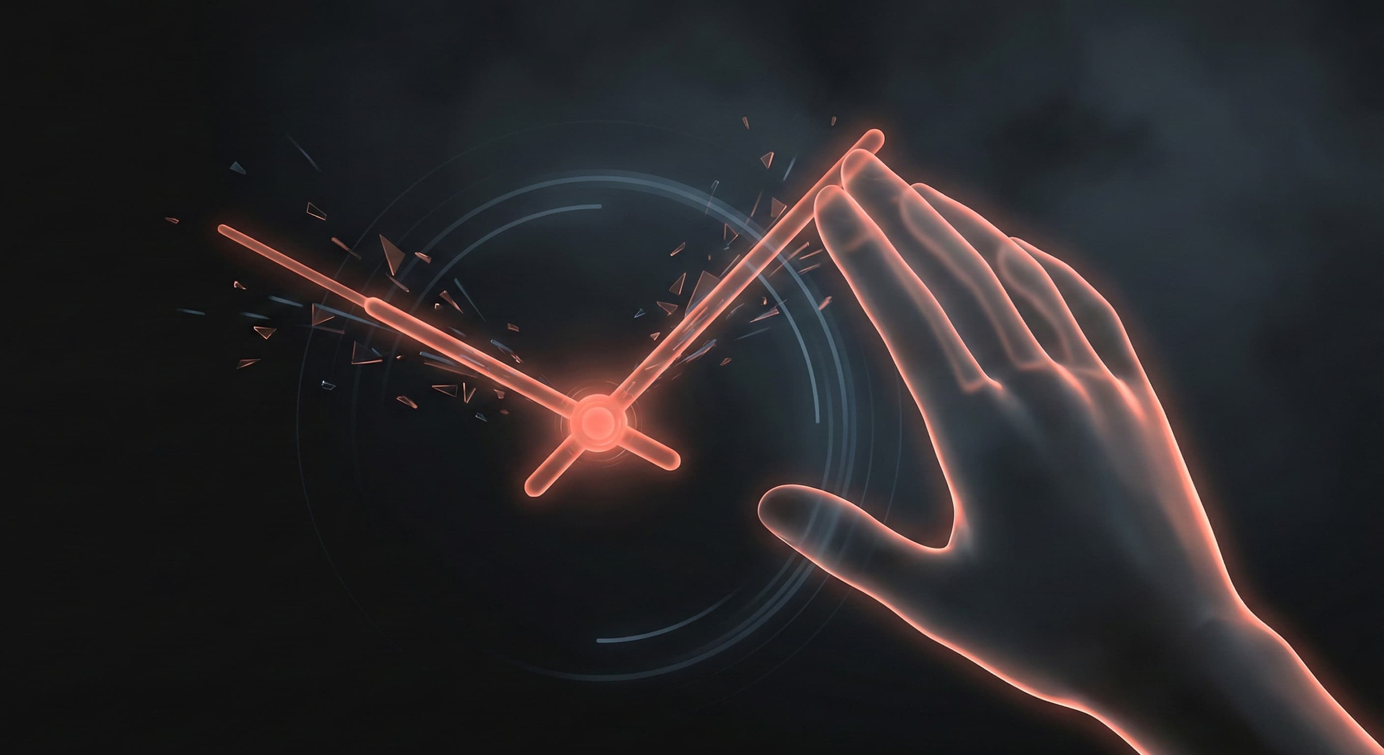 A clock face where the hands are being physically pushed back into place by a steady hand, symbolizing the reduction of recovery lag.