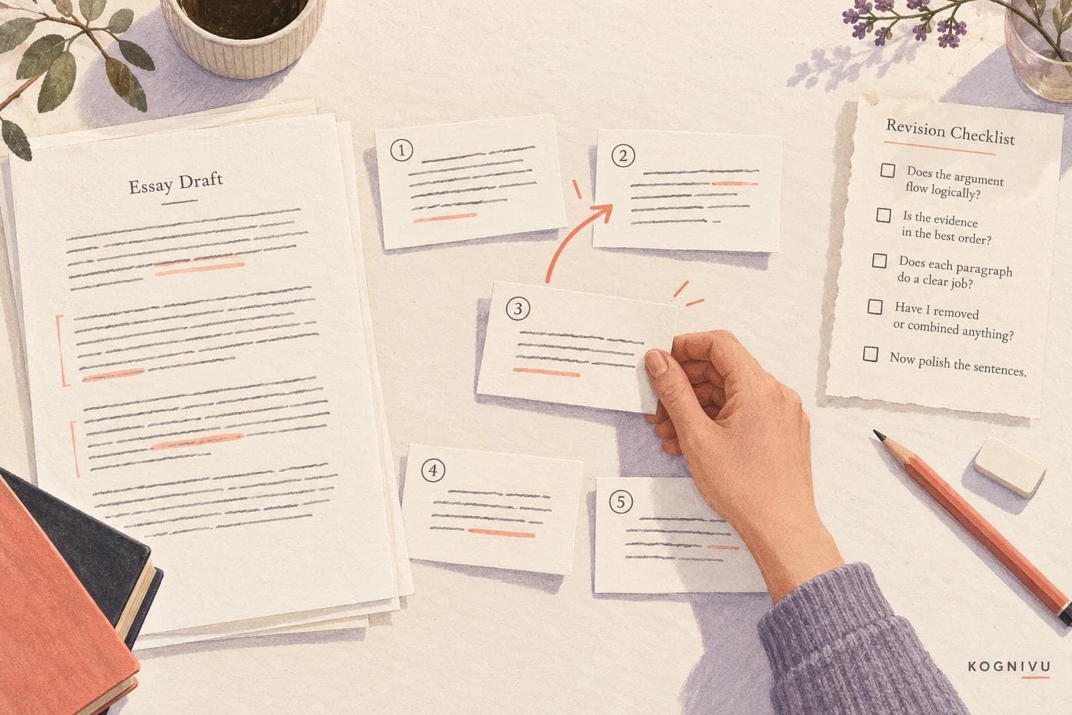Essay paragraph cards rearranged along a coral line beside a pencil and a separate revision checklist.