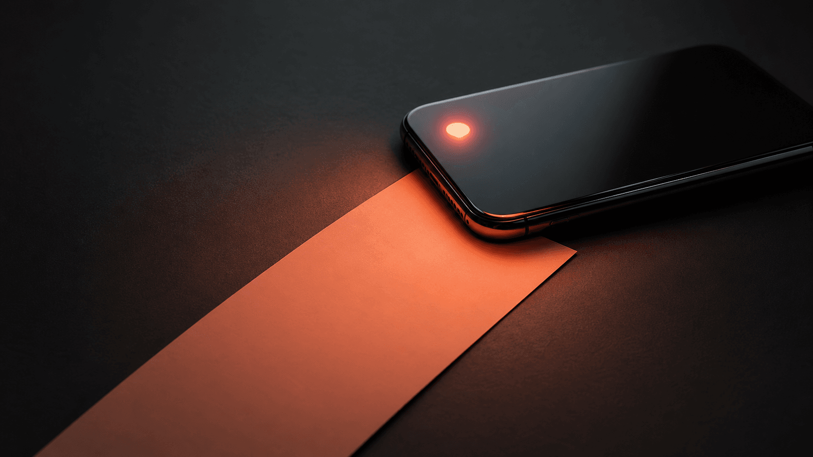 A glowing phone pins a single coral-lit action strip to a dark desk, showing evening progress trapped by after-work scrolling.