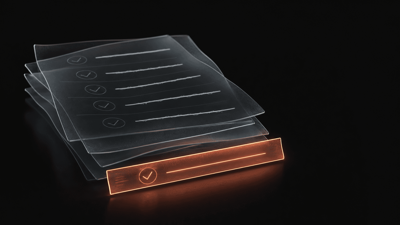 Stacked translucent daily plan sheets narrowing into one coral-lit action strip on a dark desk.