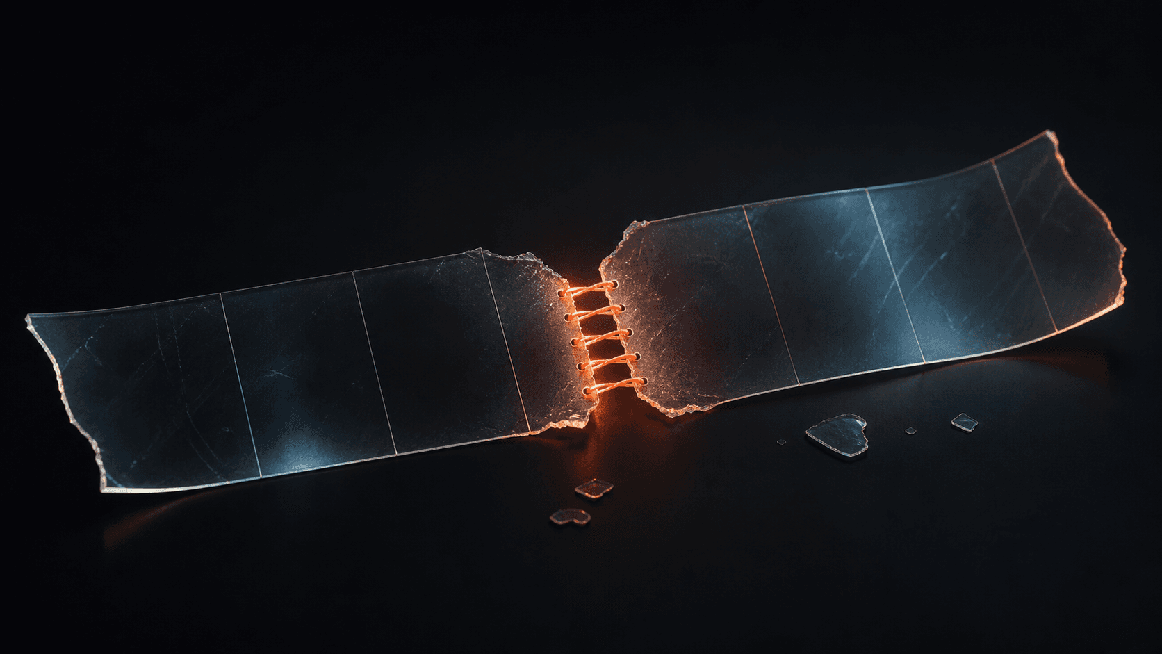 A torn translucent weekly planner strip stitched together with a single coral seam on a dark background.