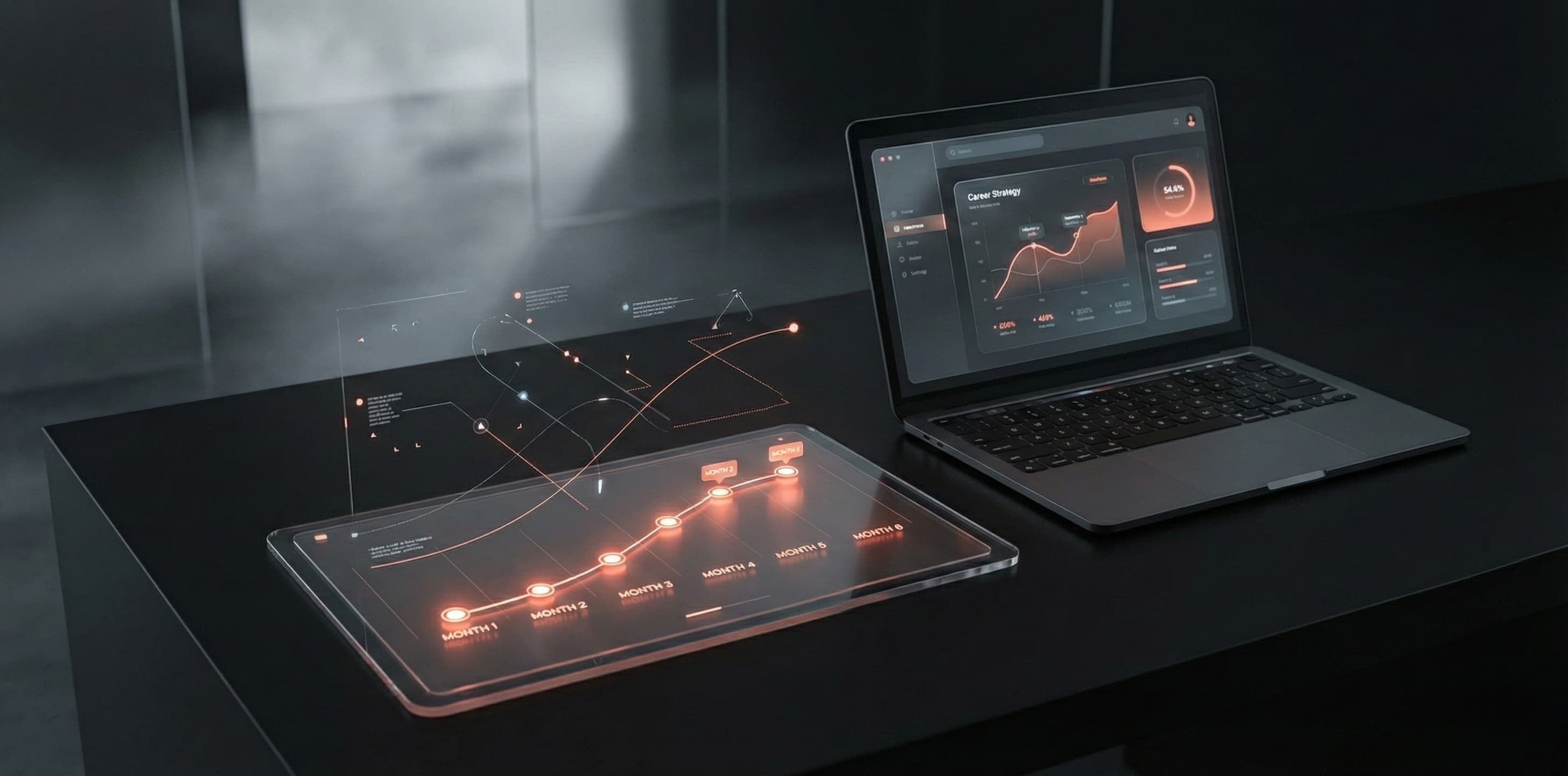 A clean workspace with a notebook mapping out a career transition strategy, showing Month 1-6 milestones and a laptop in the background.