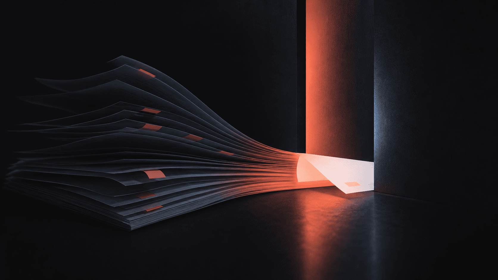 A collapsing stack of marked pages compressed into one coral-lit opening, showing task paralysis narrowed into one clear next step.