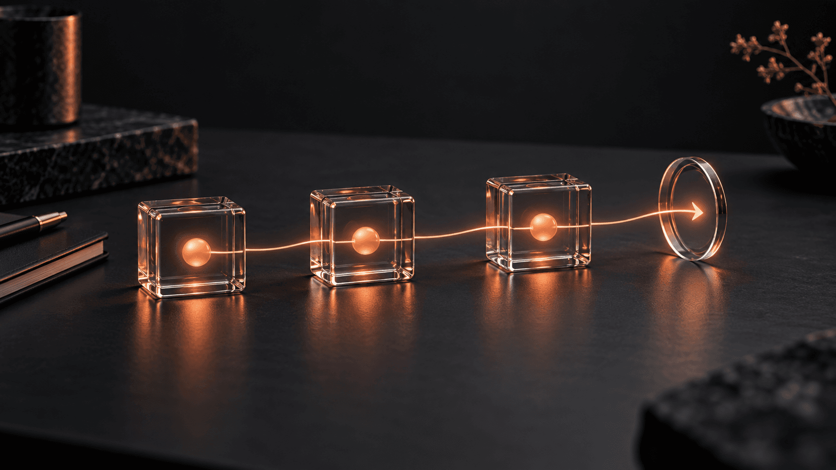 Three coral-lit glass checkpoints connected by one line toward a next-step aperture on a dark desk, representing a goal record carried across sessions.