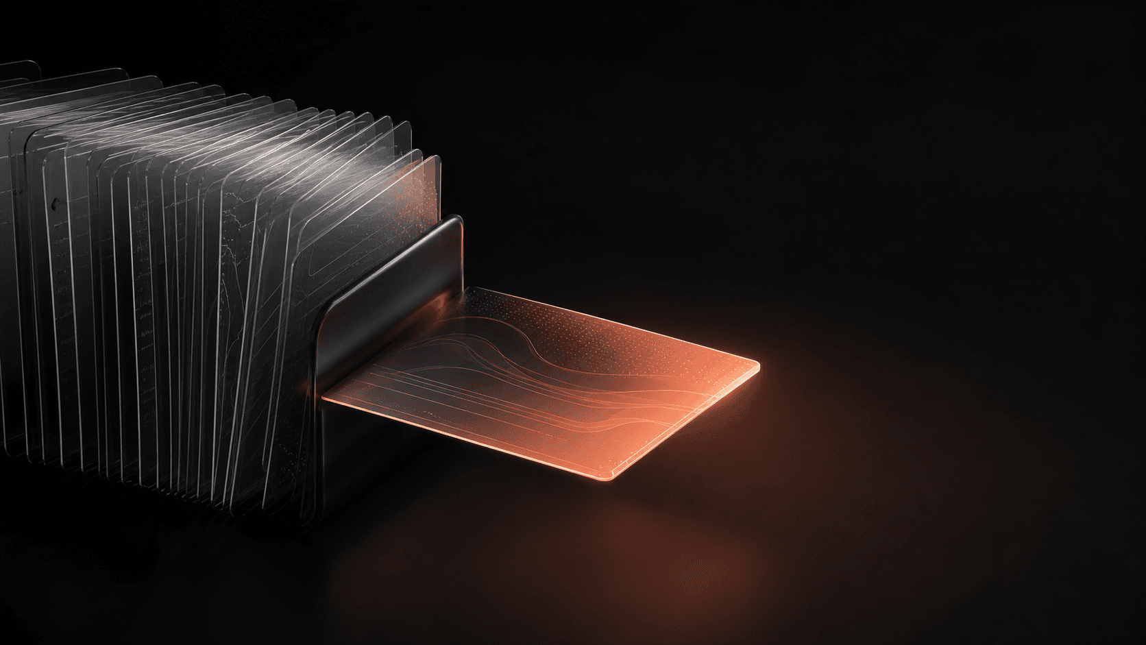 An overcrowded glass accordion file squeezing many dark plan sheets into one coral-lit page pulled into action.